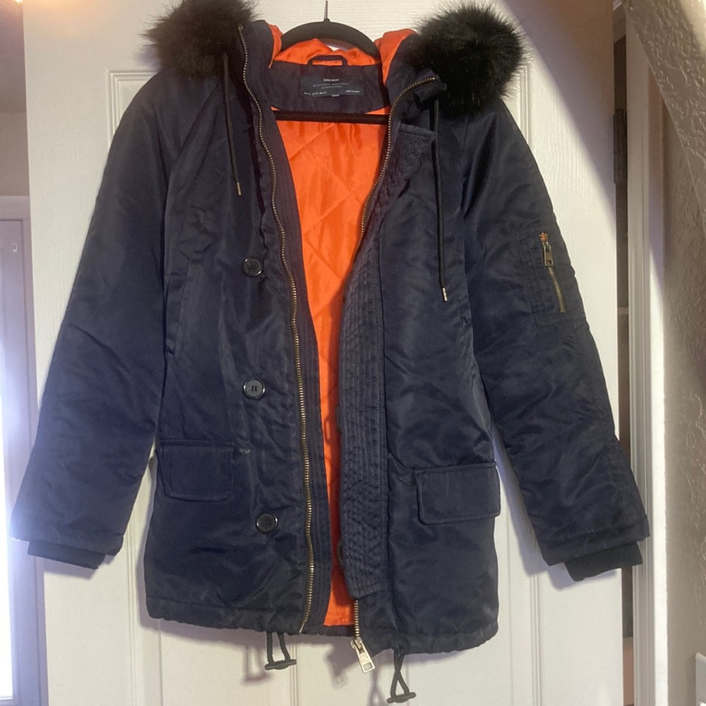 Zara jacket/coat S navy, orange, faux fur hood